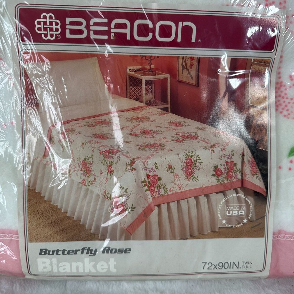 Beacon Butterfly Rose Blanket Twin/Full Made In USA Acrylic Blanket Satin Trim - Picture 2 of 5